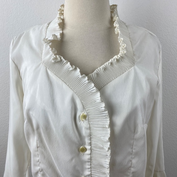 Vtg 60s Teddi of California White Crepe Blouse 34 Accordion Ruffles Crop Top - Picture 2 of 9